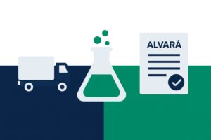 lustração com alvará da polícia civil, caminhão, frasco químico e alvará, representando transporte de químicos controlados